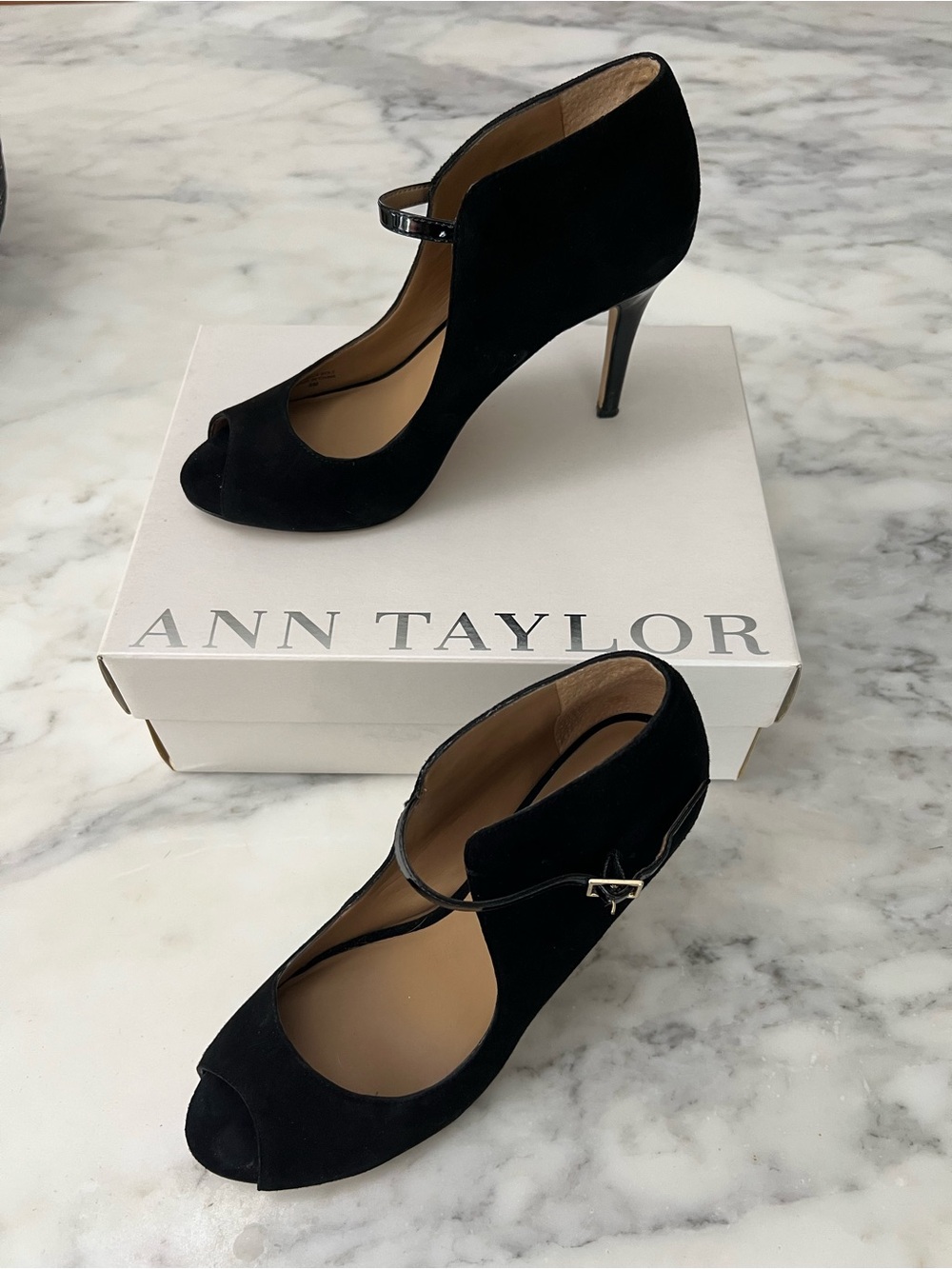 Ann Taylor Black Suede Peep-Toe Mary Jane Heels